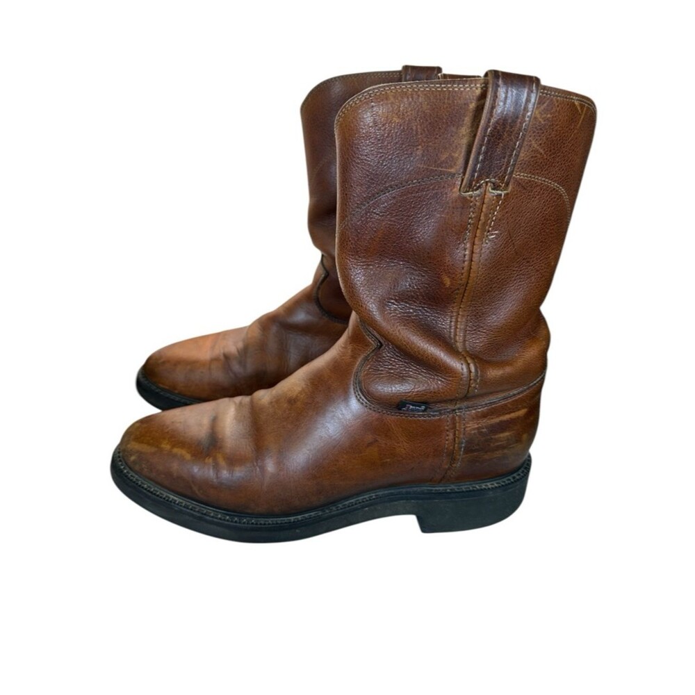 Justin Boots Mens 11D Brown Leather Roper Western Work Boots Made USA Distressed